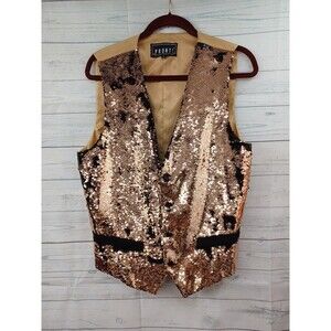 Pronti Collection By Phita Vest Black Gold Tan Sequined Sz L Embellished